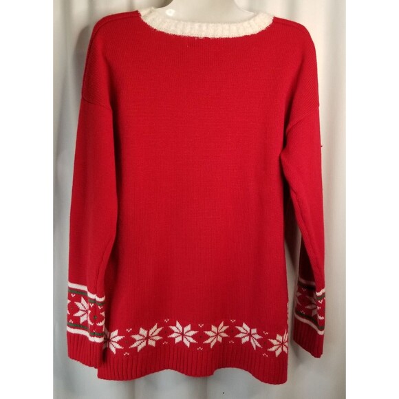 Women's CAT Sweater Holiday Applique Pom-Poms Gems Size M Red Cat Christmas New - Picture 3 of 6